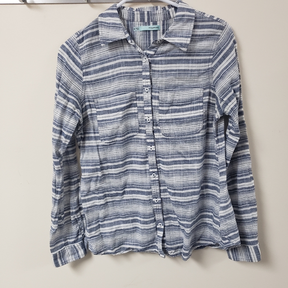 Maurcies Womens Blue Striped Button-Up Shirt Size Medium